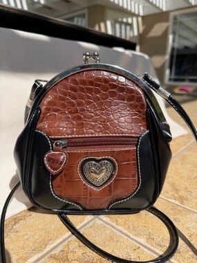 *SOLD* Vintage Brighton Black Brown  Croc Silver Heart Leather Crossbody Bag